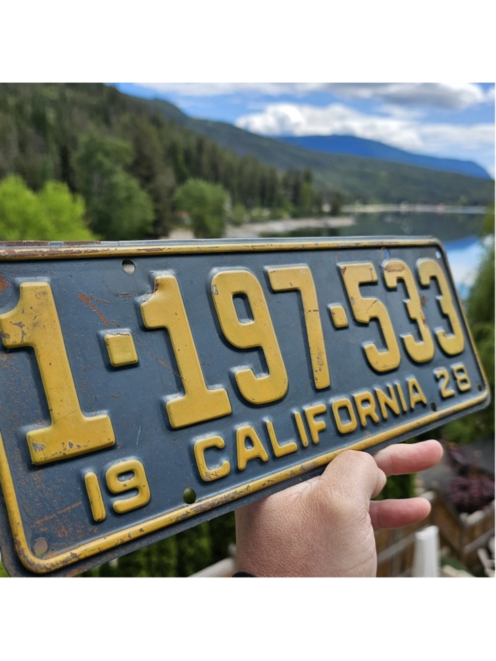 Vintage 1928 California License Plate 1-197-533 Yellow on Black Embossed Metal